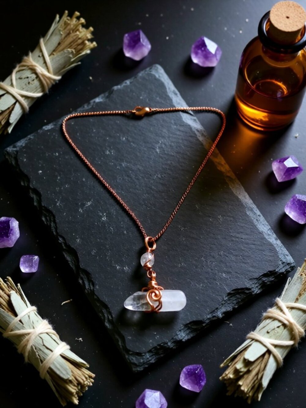 Handmade!!! Quartz & Copper Pendant Necklace ~ Focus Memory Meditation Reiki